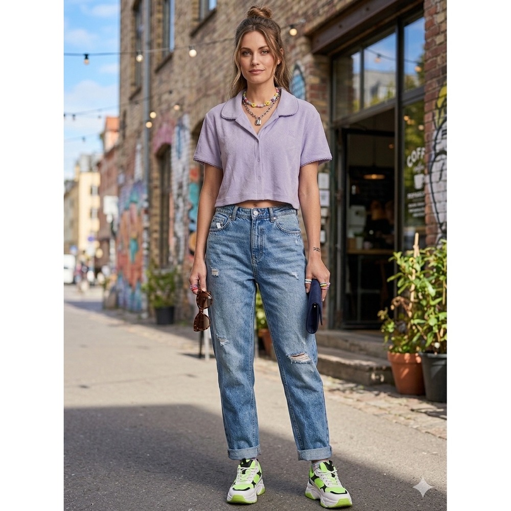 Florence by Mills Lavender Terry Cloth Cropped Button Down Top Purple Med Beach